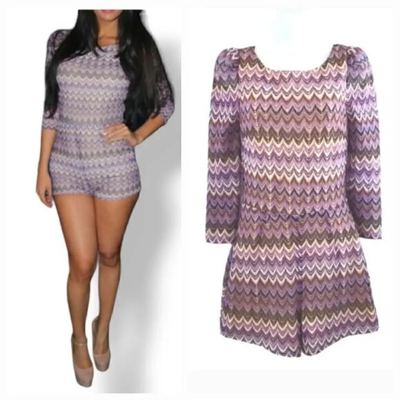Ark & Co.  Zig Zag Fine Crochet Retro Knit Romper in Lavendar Size Small - Picture 1 of 15